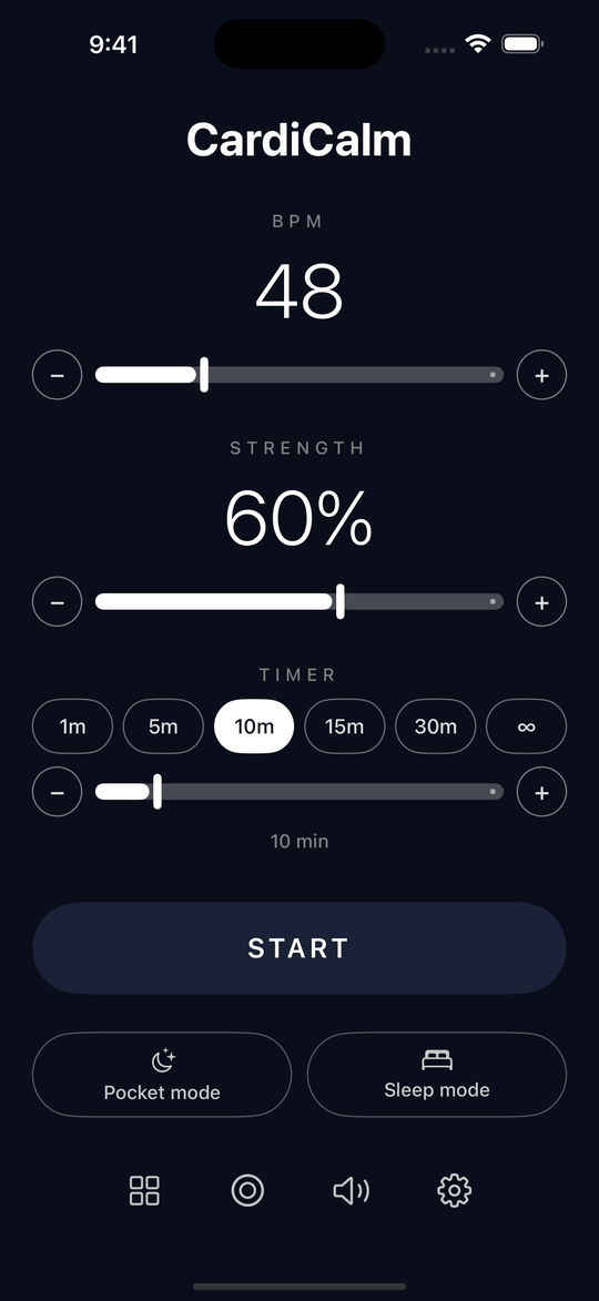 CardiCalm on iPhone: 48 BPM tempo, 60% strength, a 10-minute timer, plus Pocket mode and Sleep mode