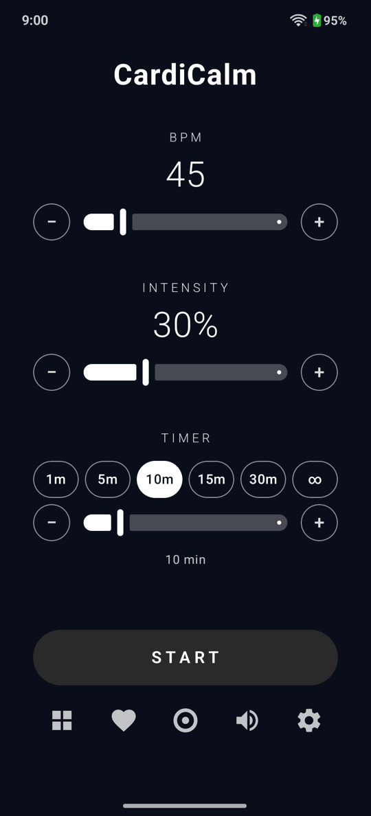 The CardiCalm main screen: 45 BPM tempo, 30% intensity and a 10-minute timer